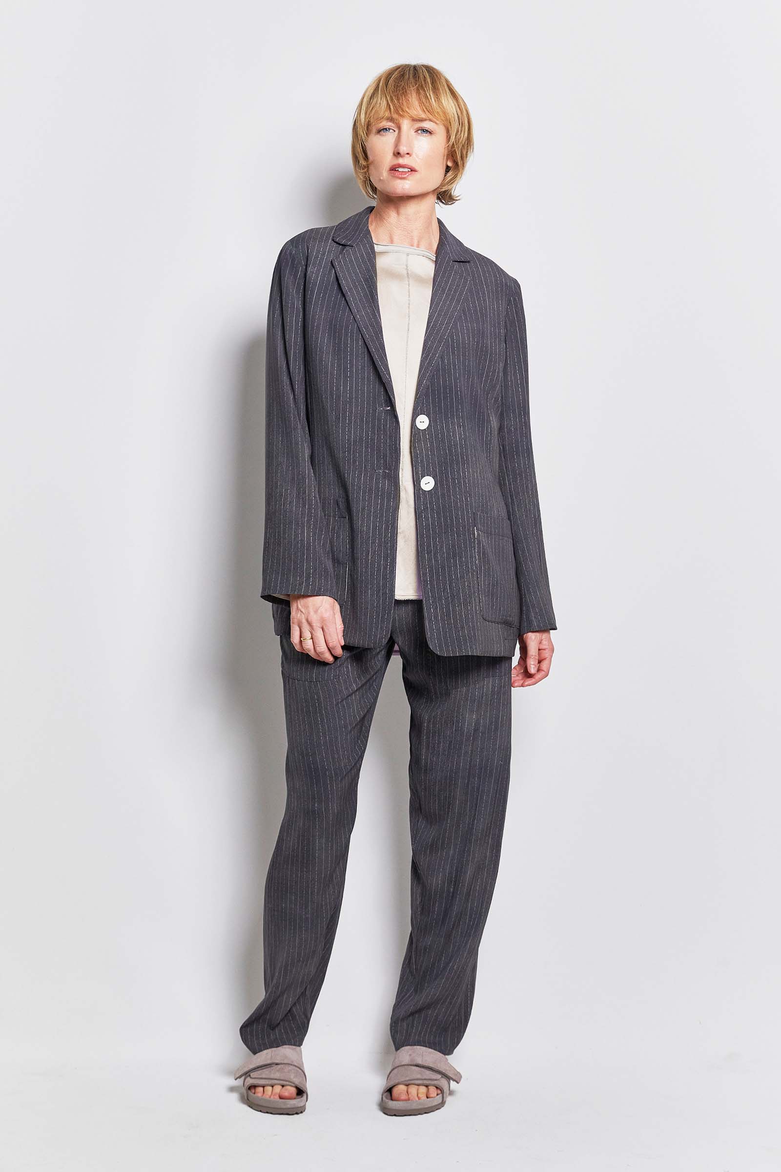 byfreer bryan concrete pinstripe silk suit jacket.