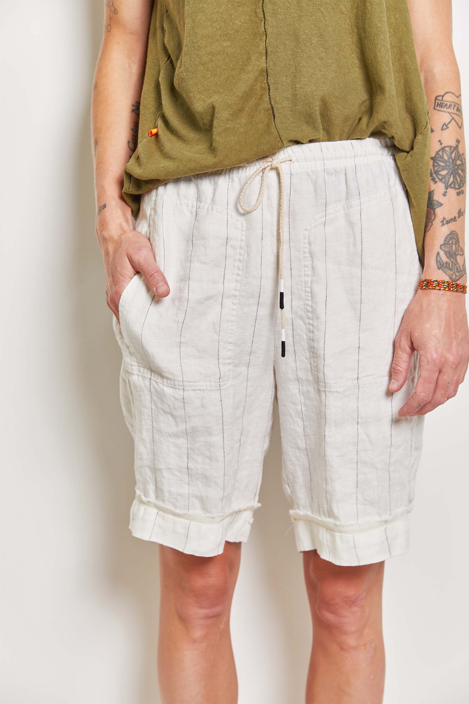 byfreer chalki pinstripe italian linen long shorts.