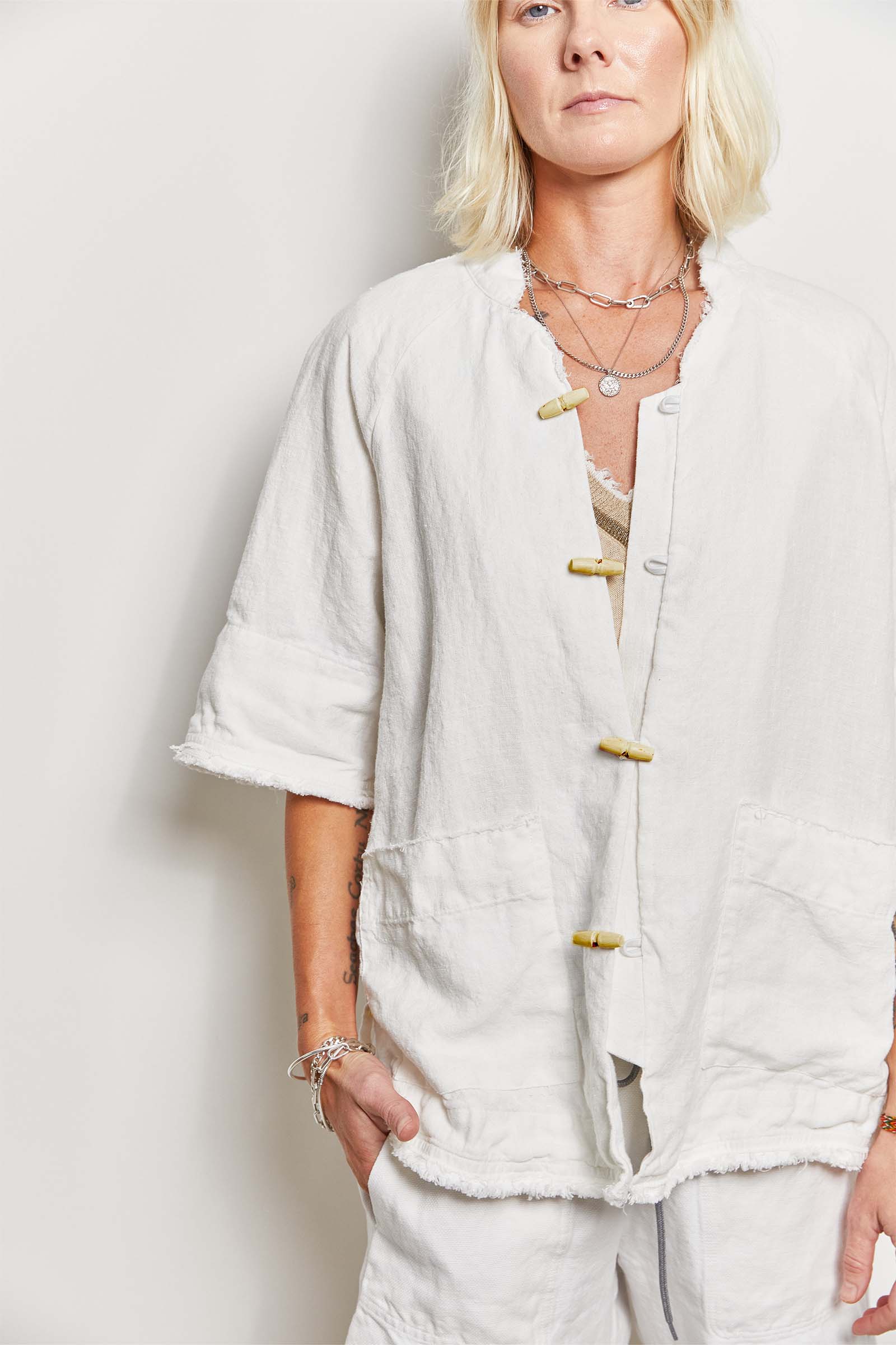 byfreer's d'arcy white linen shirt jacket.