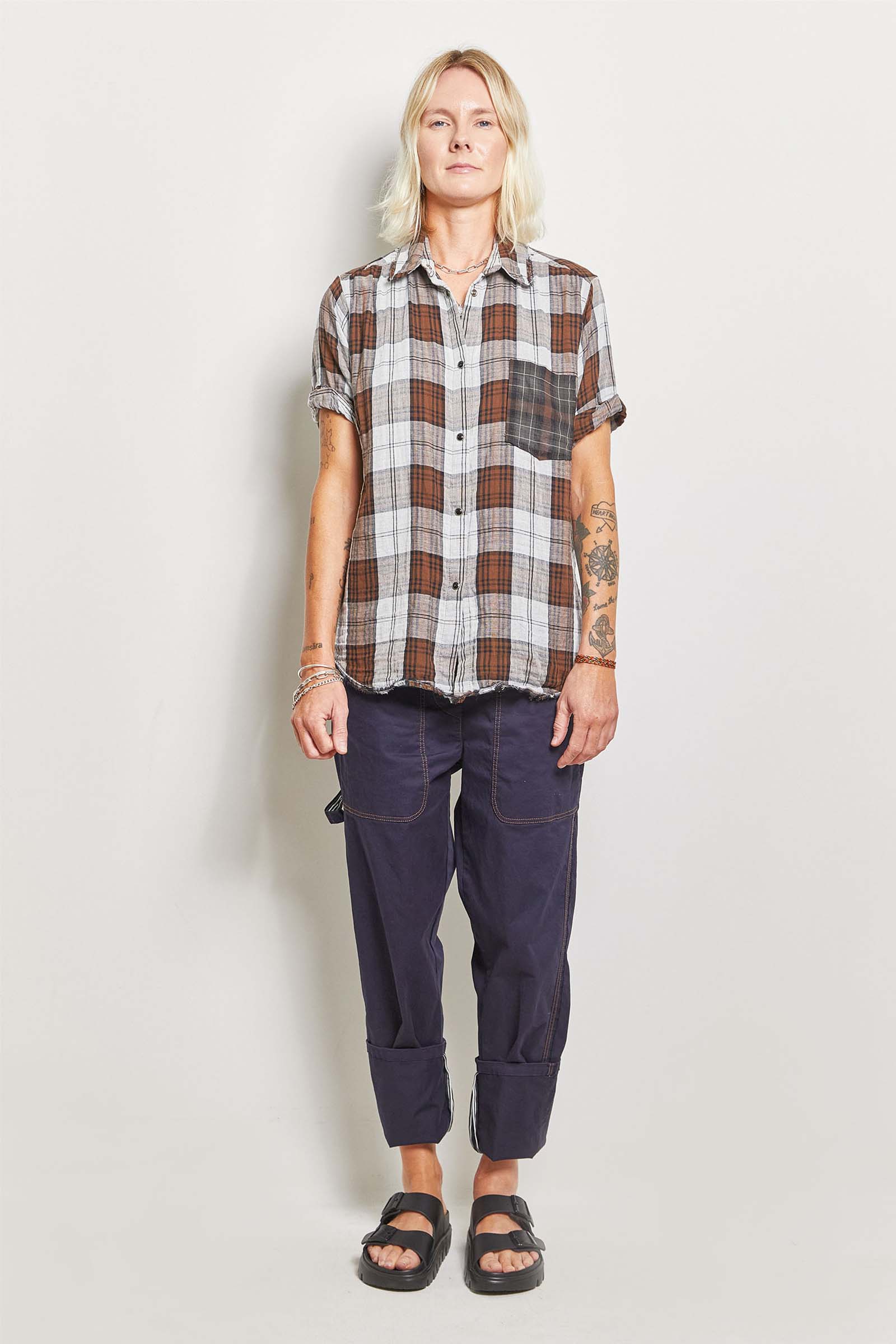 byfreer flannel cotton chocolate check band shirt.