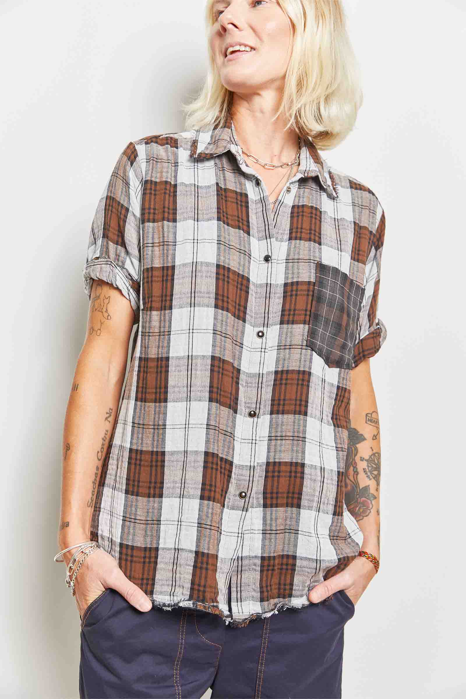 byfreer flannel cotton chocolate check band shirt.