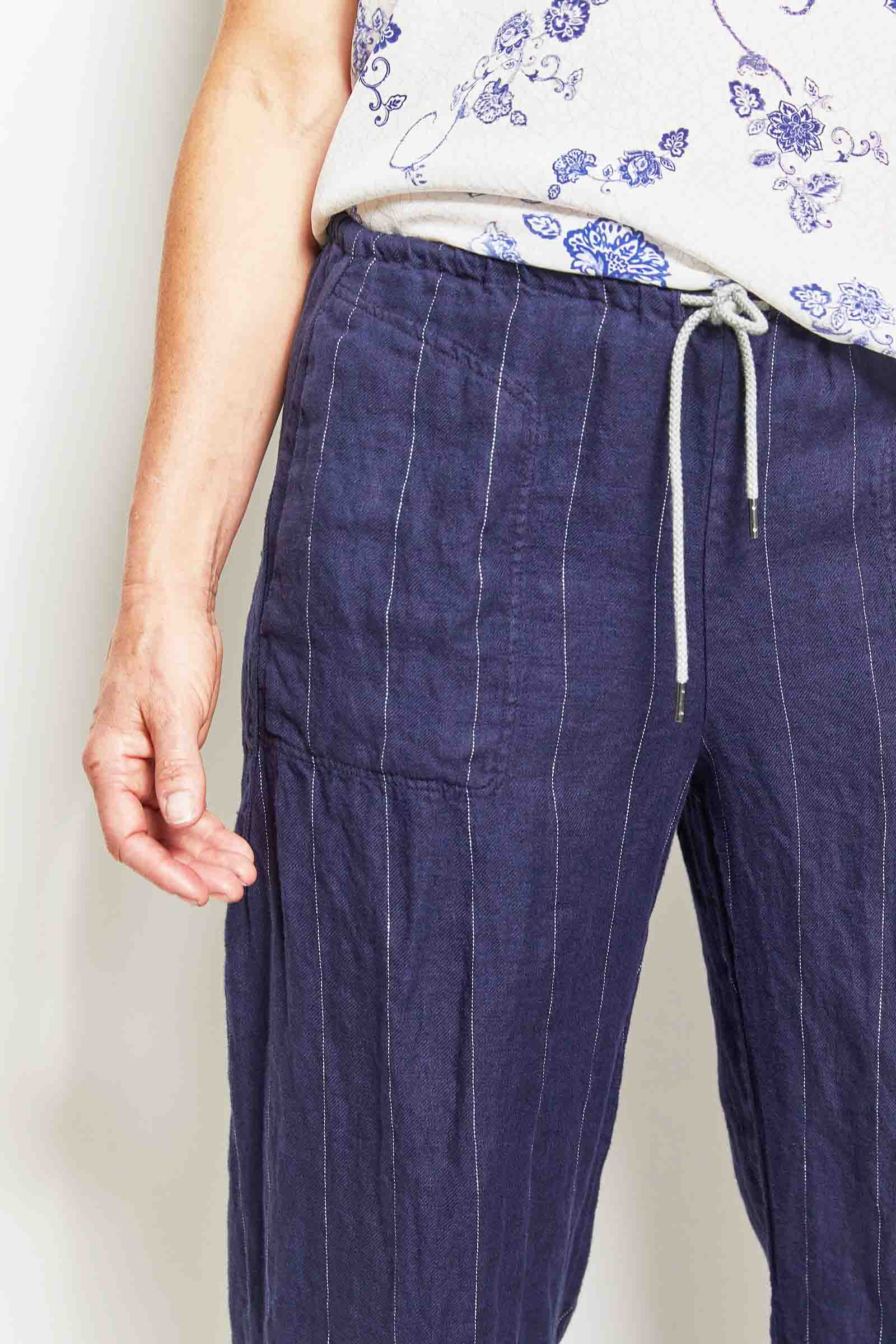 honest pinstripe linen pants in navy.