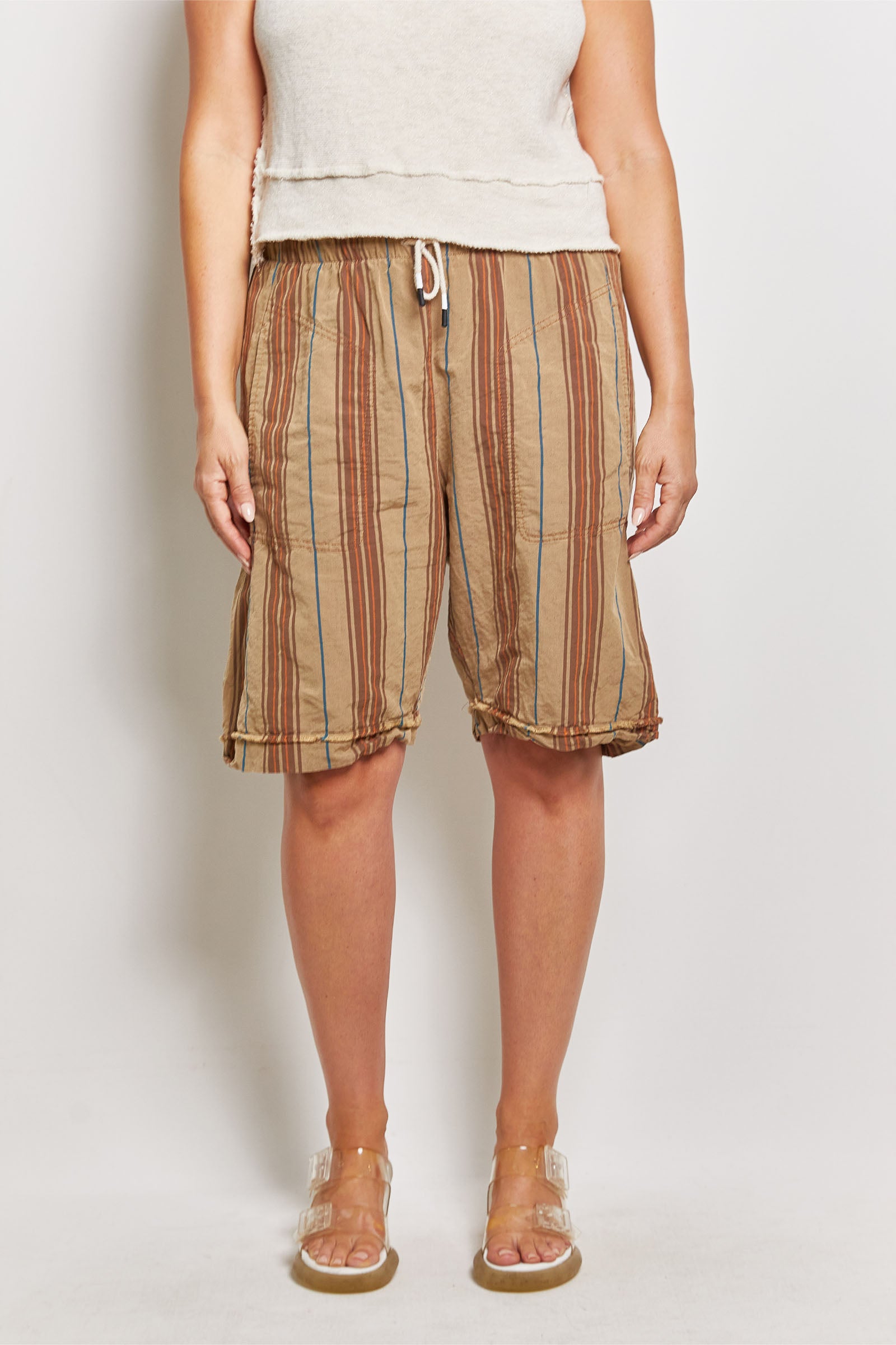 byfreer kooler khaki stripe linen shorts.