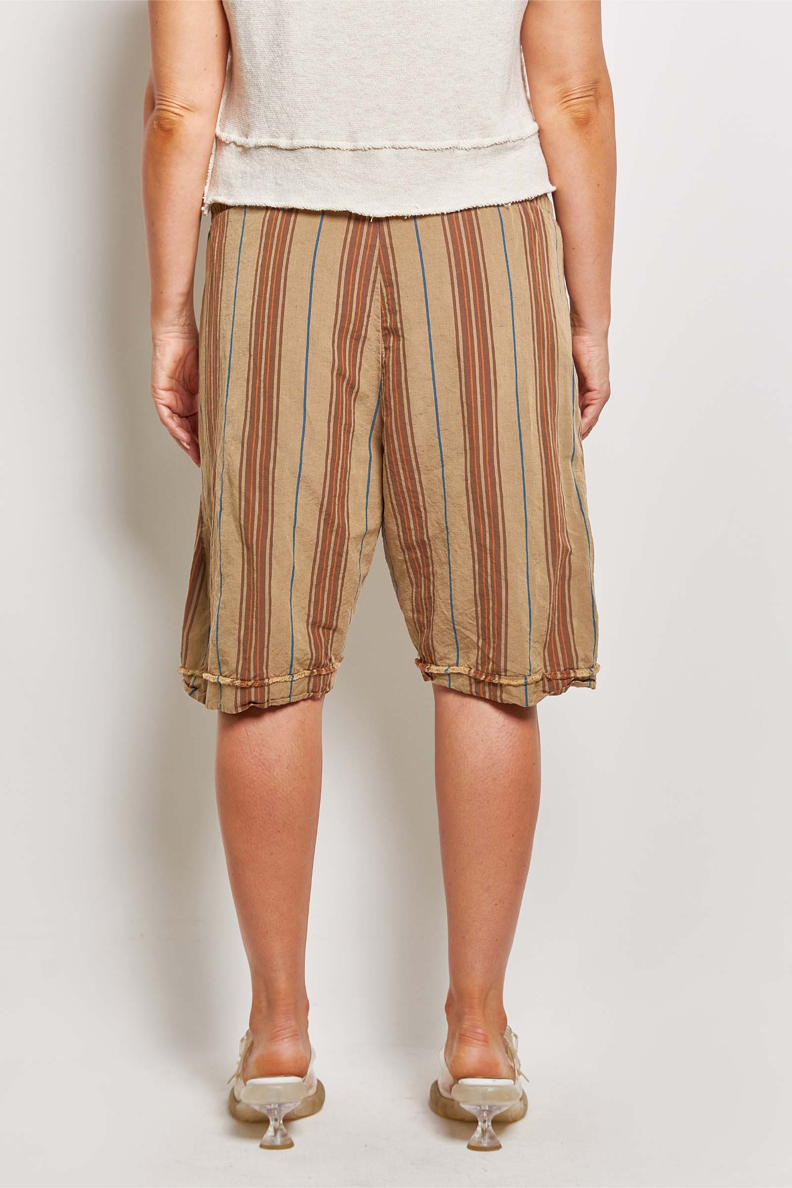 byfreer kooler khaki stripe linen shorts.