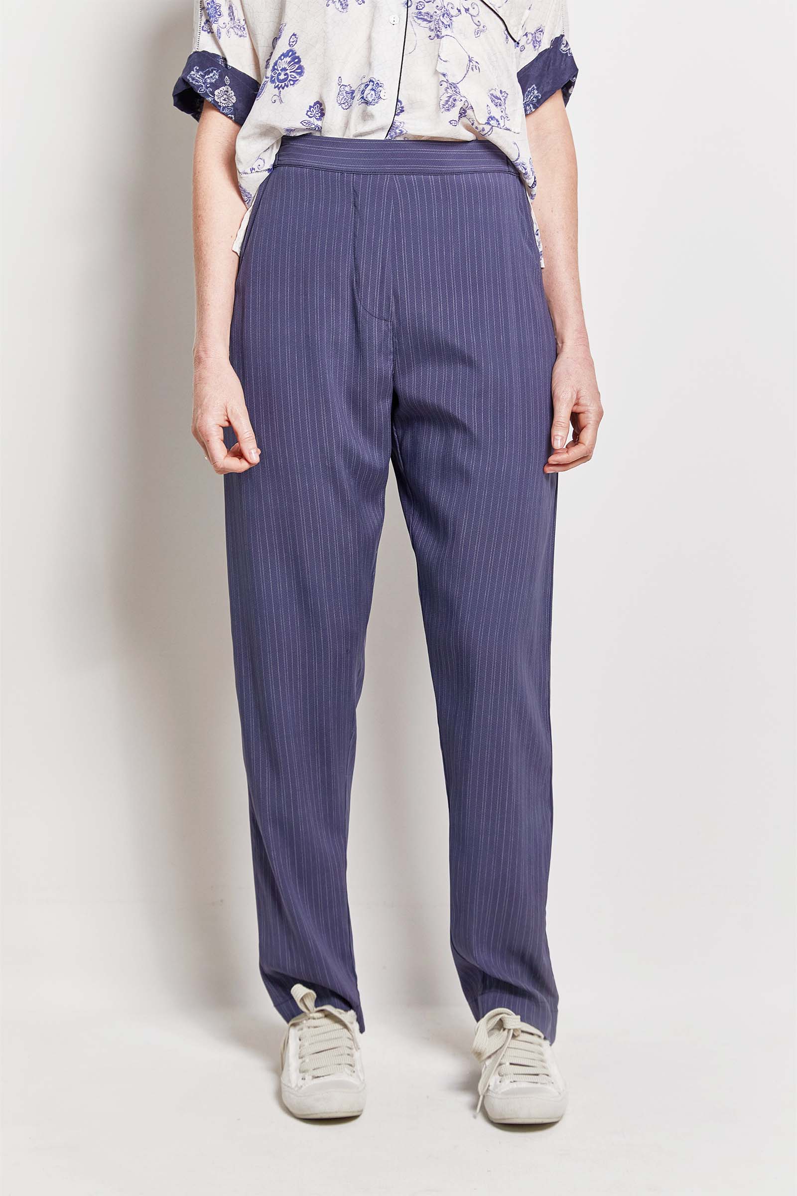 byfreer parker stretch silk satin pinstripe suit pant.