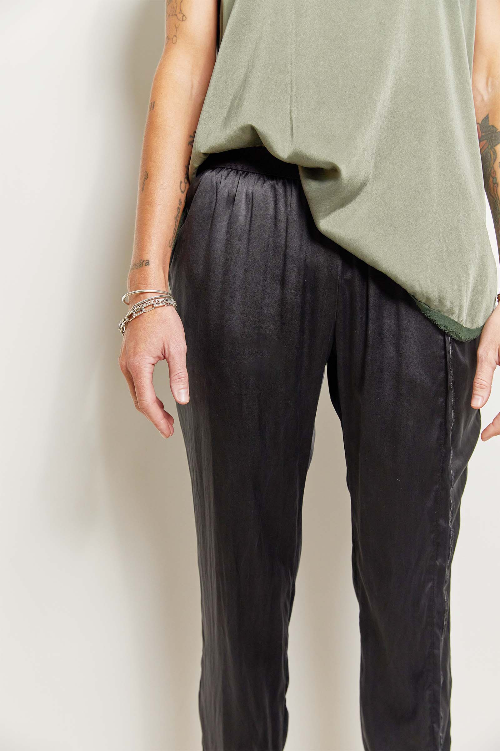 byfreer slim silk satin cropped summer pant.