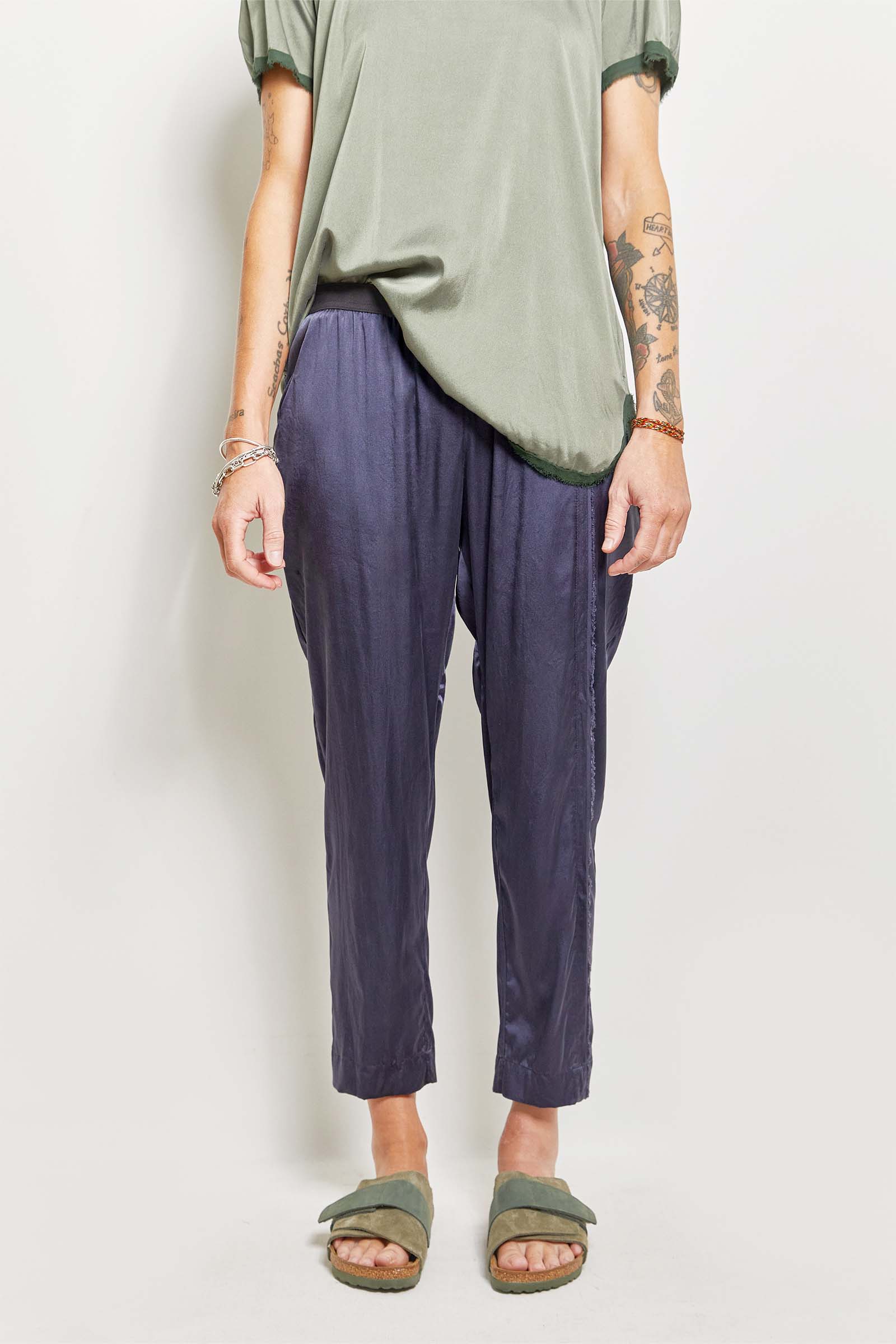 byfreer slim silk satin cropped summer pant.