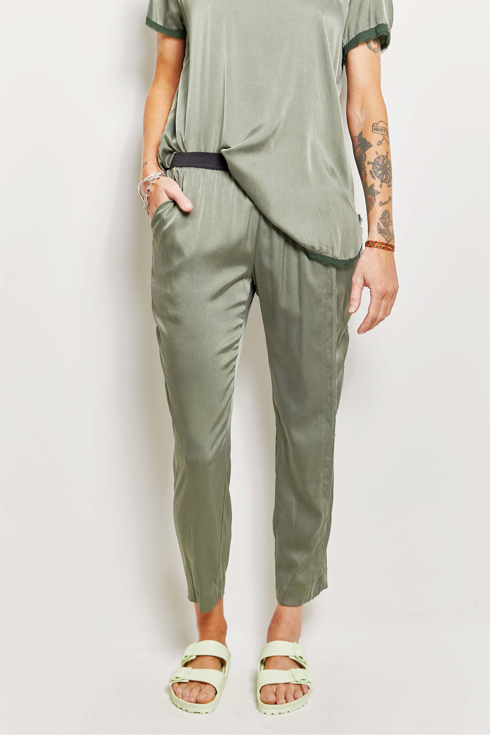 byfreer slim silk satin cropped summer pant.