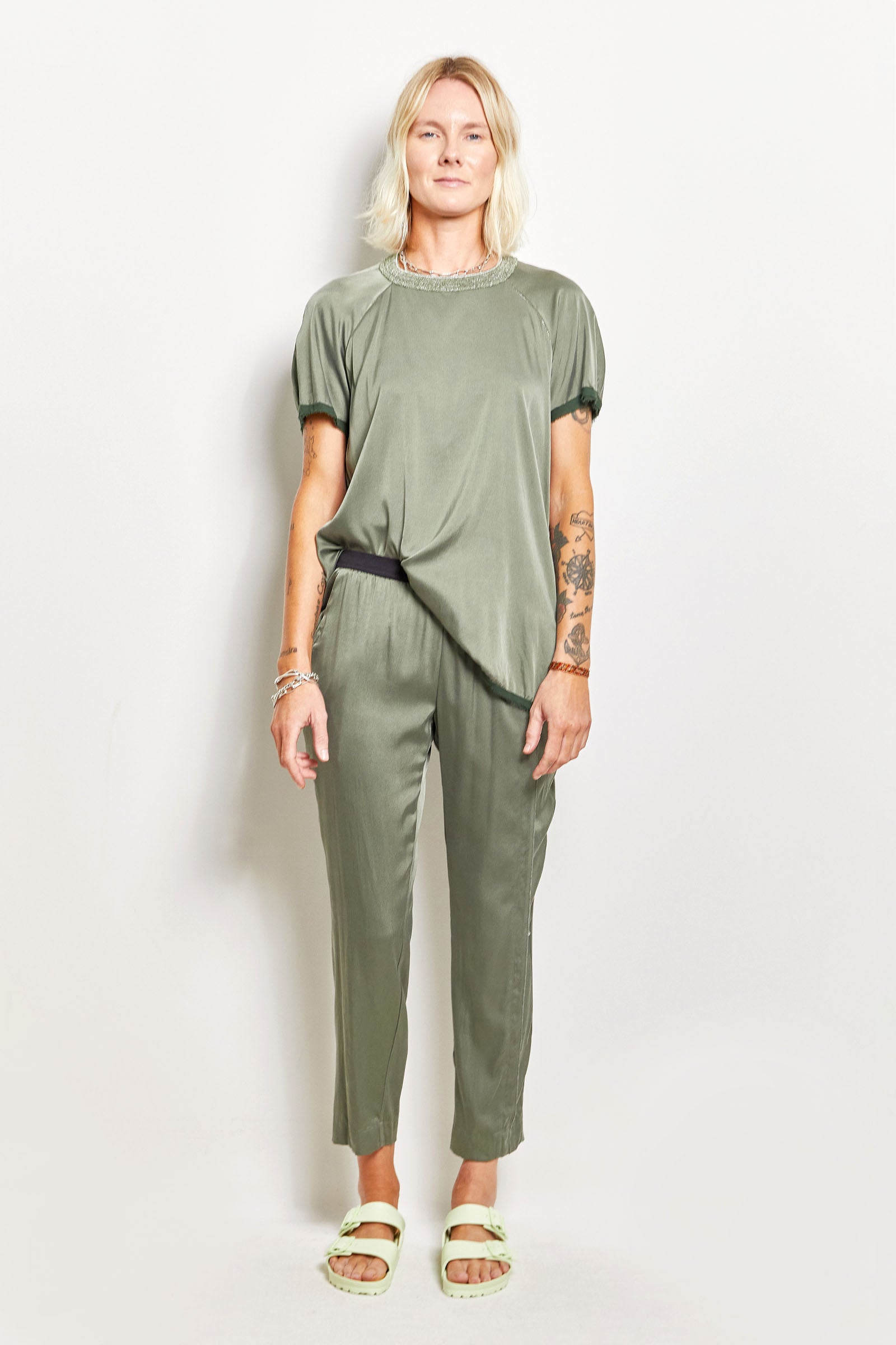 byfreer slim silk satin cropped summer pant.