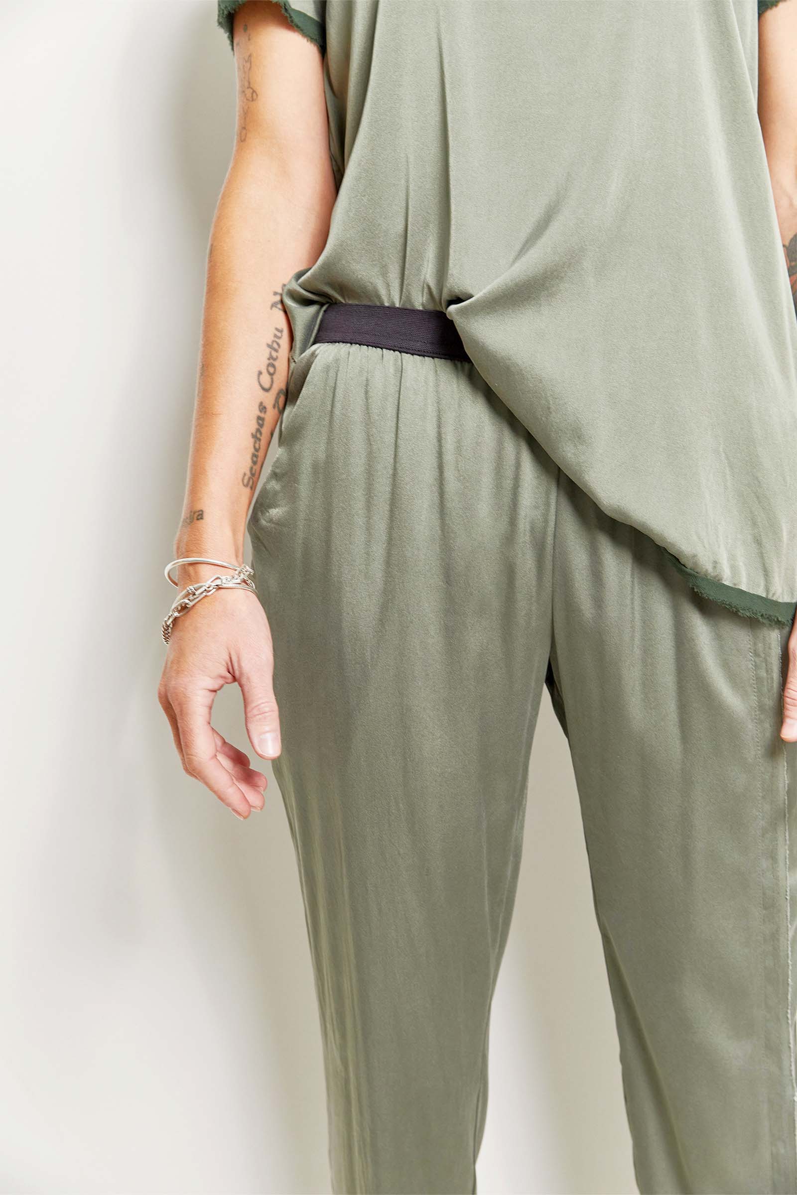 byfreer slim silk satin cropped summer pant.