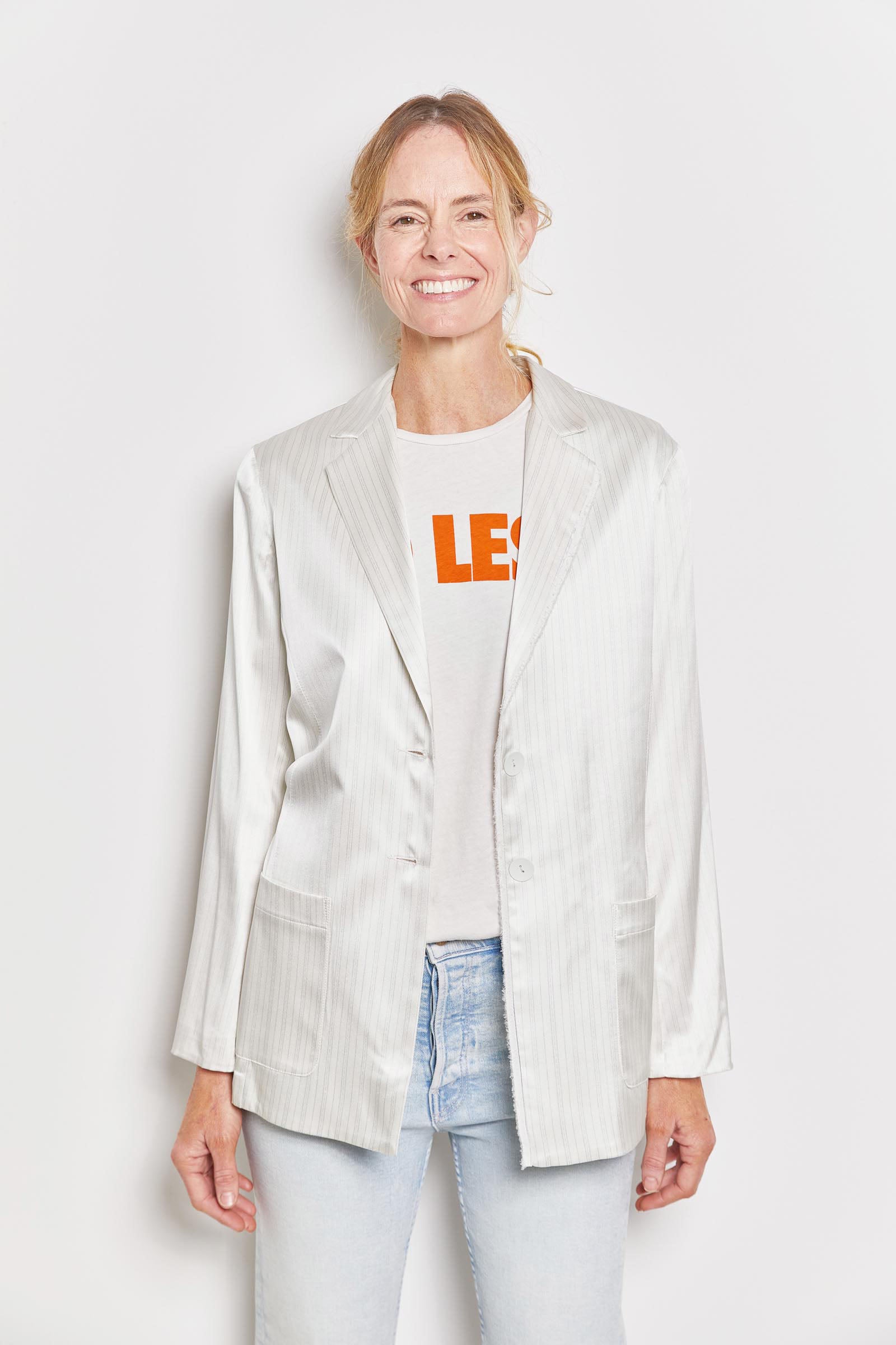 ivory stretch silk satin bryan suit jacket.