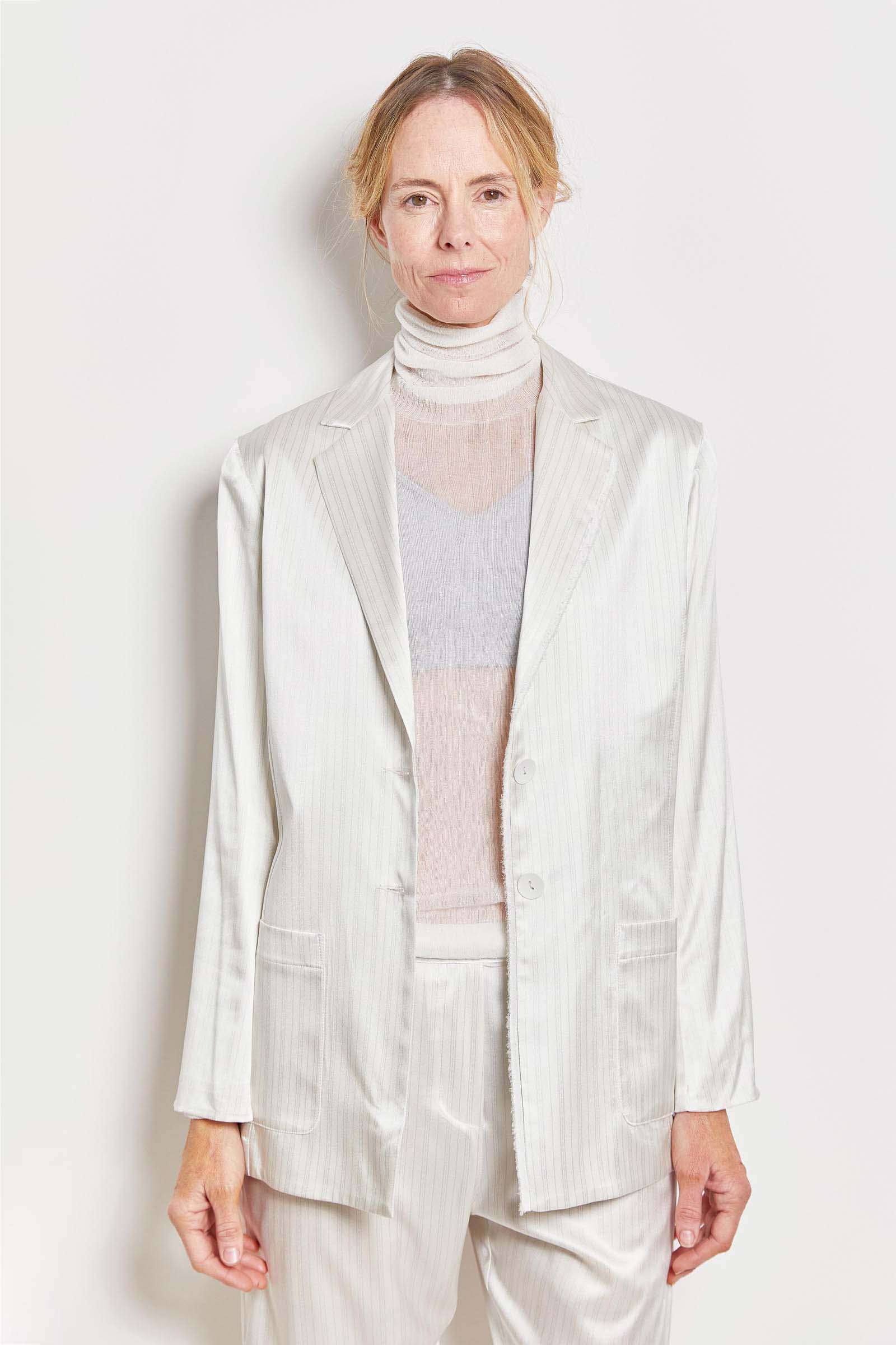 ivory stretch silk satin bryan suit jacket.