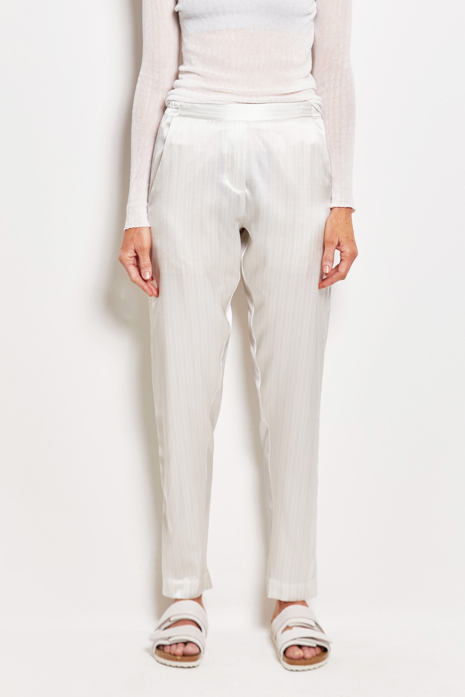 ivory pinstripe silk parker pant.